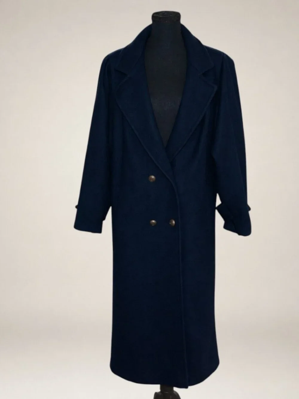 Vintage 1980s JOFELD Navy Wool Blend Double Breasted Long Coat Women's 12/14